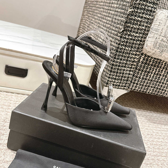 AIMÉE HIGH 75 MM SLINGBACK PUMPS IN BLACK SATIN WITH CRYSTAL