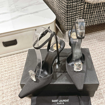AIMÉE HIGH 75 MM SLINGBACK PUMPS IN BLACK SATIN WITH CRYSTAL