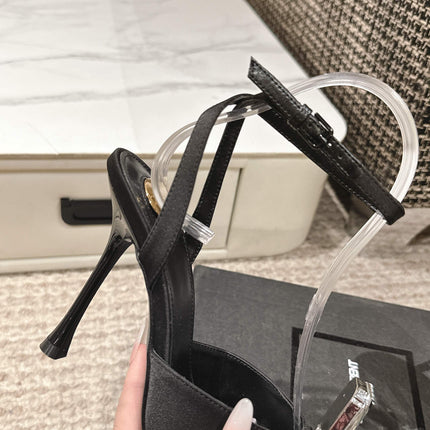 AIMÉE HIGH 75 MM SLINGBACK PUMPS IN BLACK SATIN WITH CRYSTAL