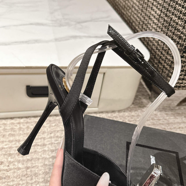 AIMÉE HIGH 75 MM SLINGBACK PUMPS IN BLACK SATIN WITH CRYSTAL