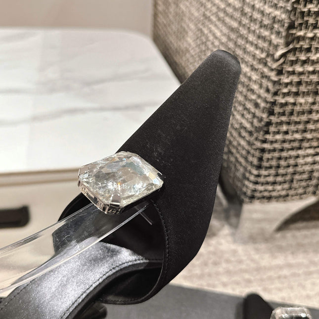 AIMÉE HIGH 75 MM SLINGBACK PUMPS IN BLACK SATIN WITH CRYSTAL
