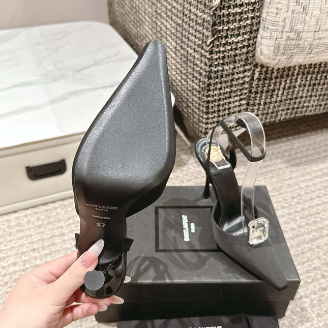 AIMÉE HIGH 75 MM SLINGBACK PUMPS IN BLACK SATIN WITH CRYSTAL