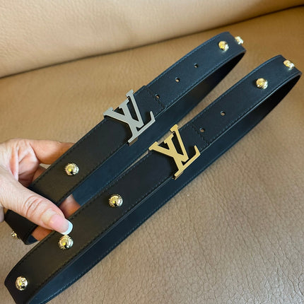 LV Initiales Studs 30mm Reversible Belt Gold Buckle Black Leather