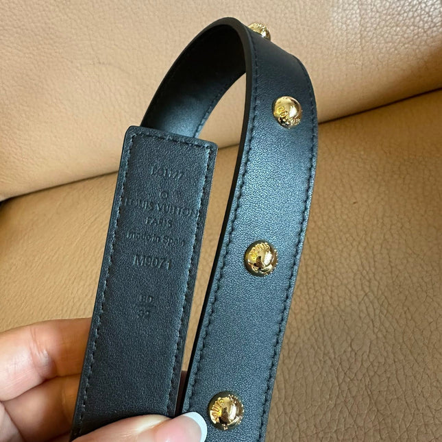 LV INITIALES STUDS 30 MM REVERSIBLE BELT IN BLACK CALFSKIN GOLD HARDWARE