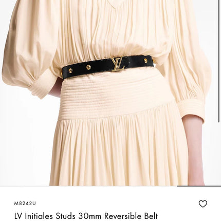 LV INITIALES STUDS 30 MM REVERSIBLE BELT IN BLACK CALFSKIN GOLD HARDWARE