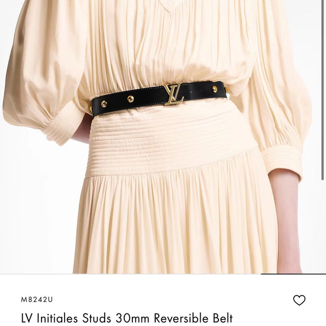 LV INITIALES STUDS 30 MM REVERSIBLE BELT IN BLACK CALFSKIN GOLD HARDWARE