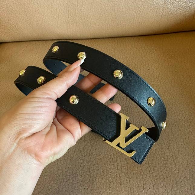 LV INITIALES STUDS 30 MM REVERSIBLE BELT IN BLACK CALFSKIN GOLD HARDWARE