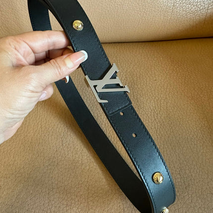 LV Initiales Studs 30mm Reversible Belt Silver Buckle Black Leather