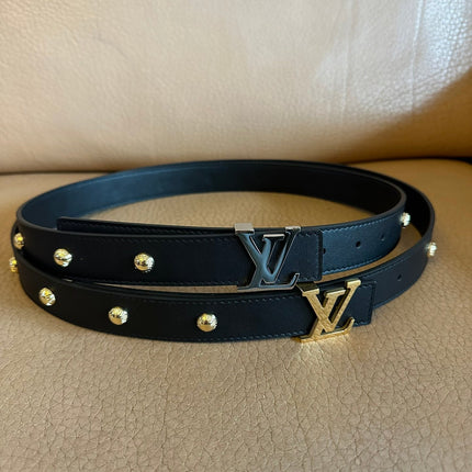 LV Initiales Studs 30mm Reversible Belt Silver Buckle Black Leather