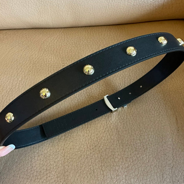 LV Initiales Studs 30mm Reversible Belt Silver Buckle Black Leather