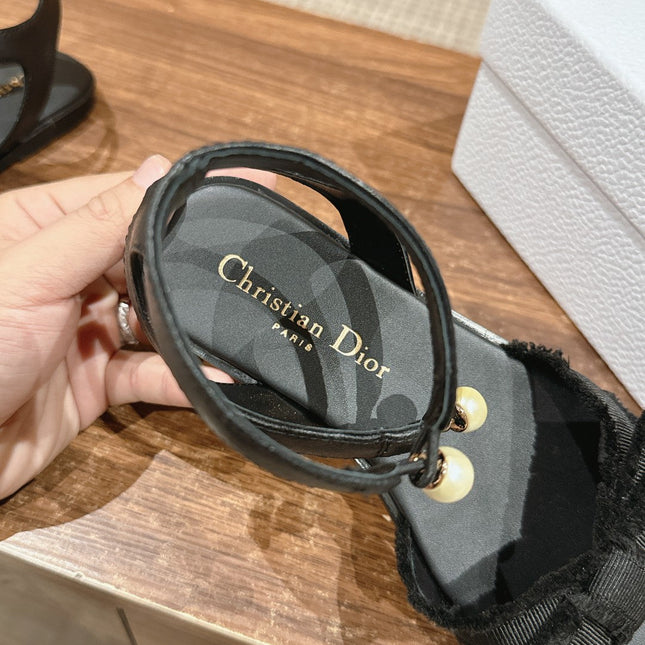 DIOR ADIORABLE SANDALS 25S IN BLACK FABRIC AND LAMBSKIN WITH PEARL DETAILING