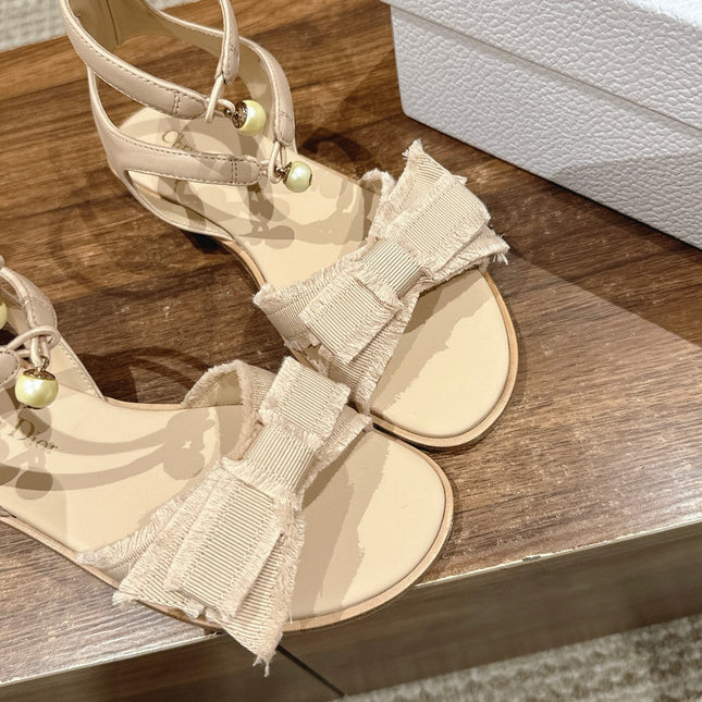 DIOR ADIORABLE SANDALS 25S IN LIGHT BEIGE FABRIC AND LAMBSKIN WITH PEARL DETAILING