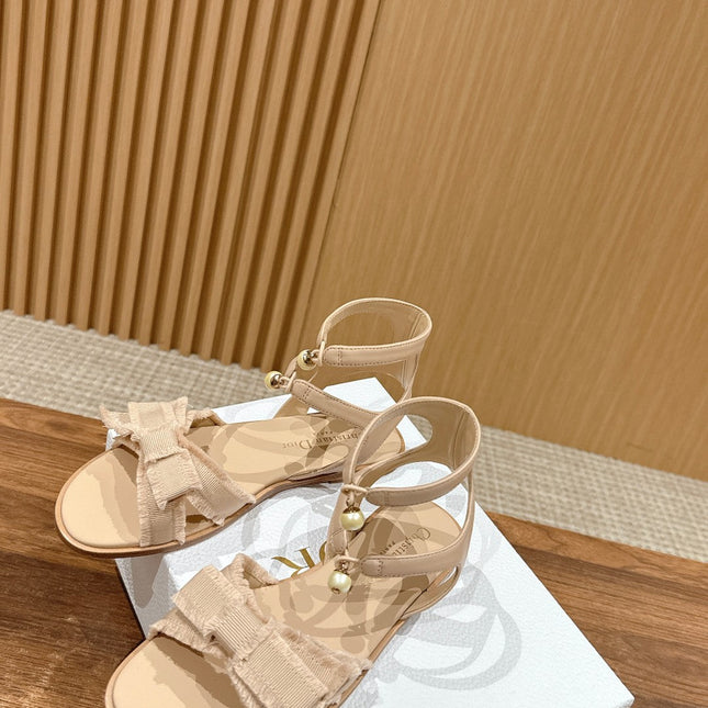 DIOR ADIORABLE SANDALS 25S IN LIGHT BEIGE FABRIC AND LAMBSKIN WITH PEARL DETAILING