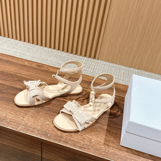DIOR ADIORABLE SANDALS 25S IN LIGHT BEIGE FABRIC AND LAMBSKIN WITH PEARL DETAILING