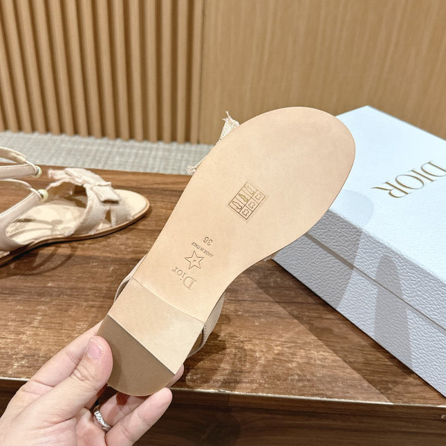 DIOR ADIORABLE SANDALS 25S IN LIGHT BEIGE FABRIC AND LAMBSKIN WITH PEARL DETAILING