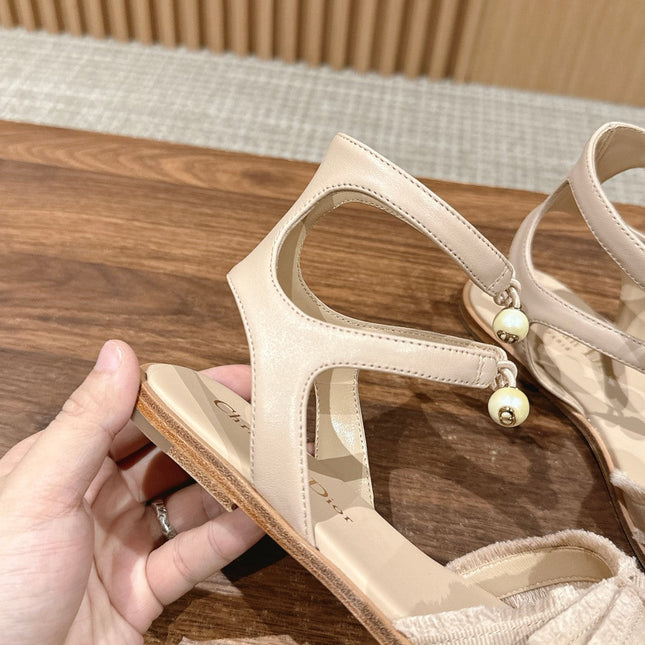 DIOR ADIORABLE SANDALS 25S IN LIGHT BEIGE FABRIC AND LAMBSKIN WITH PEARL DETAILING