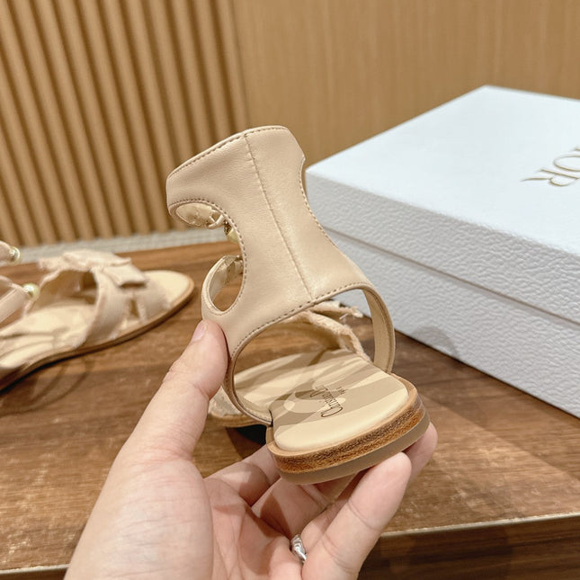 DIOR ADIORABLE SANDALS 25S IN LIGHT BEIGE FABRIC AND LAMBSKIN WITH PEARL DETAILING