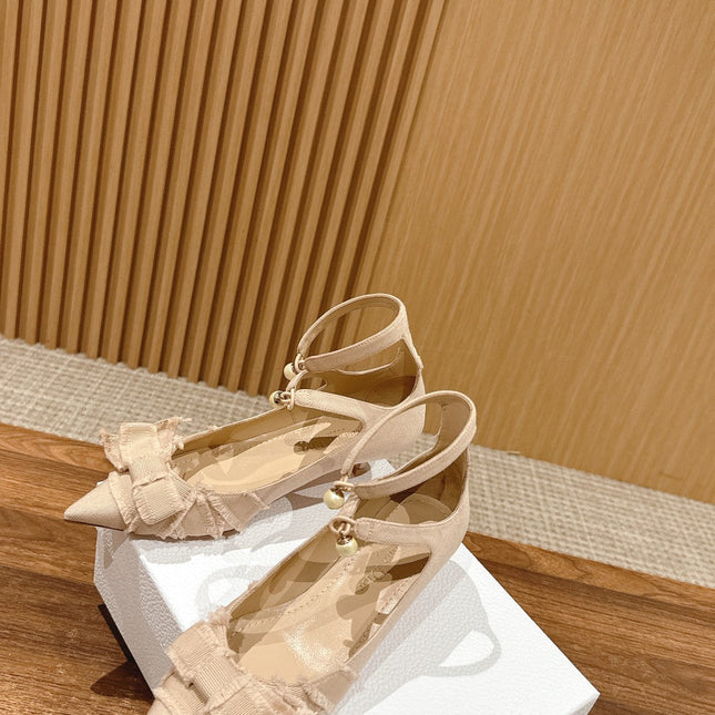 DIOR ADIORABLE HIGH HEEL 25S IN LIGHT BEIGE FABRIC WITH PEARL DETAILING