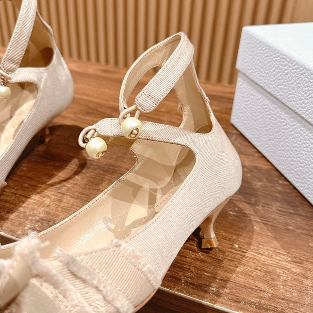 DIOR ADIORABLE HIGH HEEL 25S IN LIGHT BEIGE FABRIC WITH PEARL DETAILING