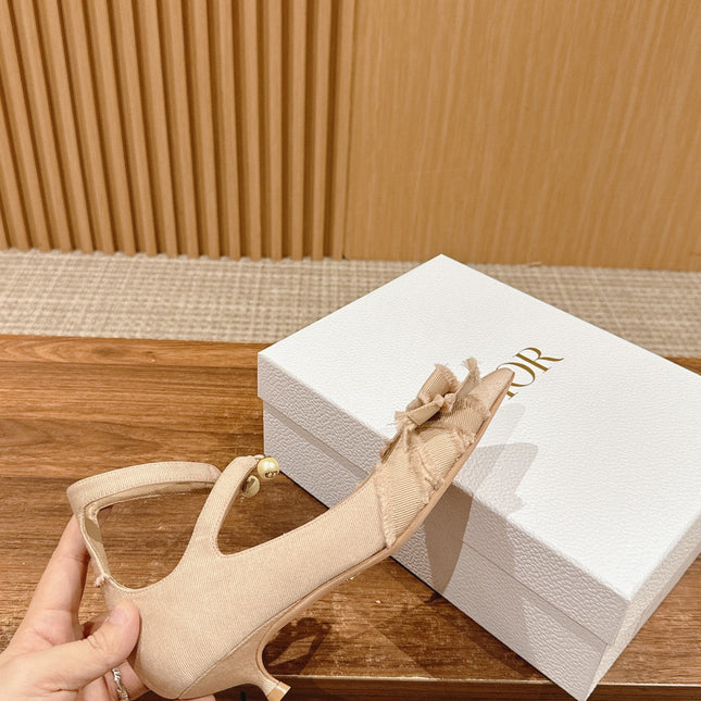 DIOR ADIORABLE HIGH HEEL 25S IN LIGHT BEIGE FABRIC WITH PEARL DETAILING