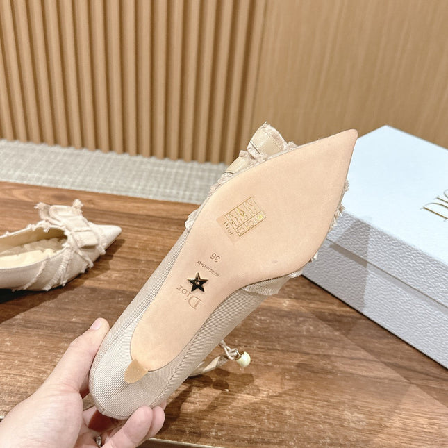 DIOR ADIORABLE HIGH HEEL 25S IN LIGHT BEIGE FABRIC WITH PEARL DETAILING