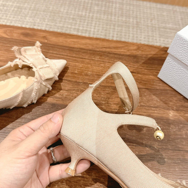 DIOR ADIORABLE HIGH HEEL 25S IN LIGHT BEIGE FABRIC WITH PEARL DETAILING