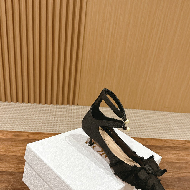 DIOR ADIORABLE HIGH HEEL 25S IN BLACK FABRIC WITH PEARL DETAILING