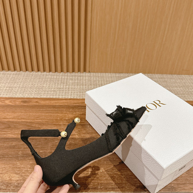 DIOR ADIORABLE HIGH HEEL 25S IN BLACK FABRIC WITH PEARL DETAILING