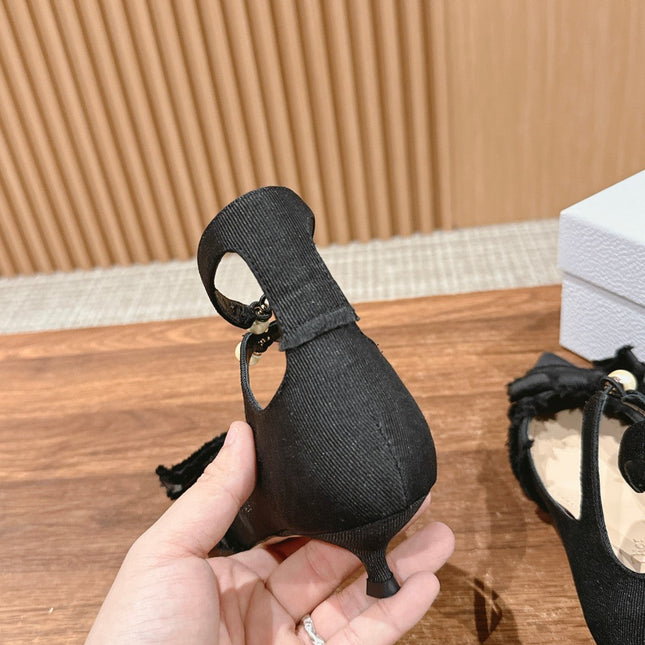 DIOR ADIORABLE HIGH HEEL 25S IN BLACK FABRIC WITH PEARL DETAILING