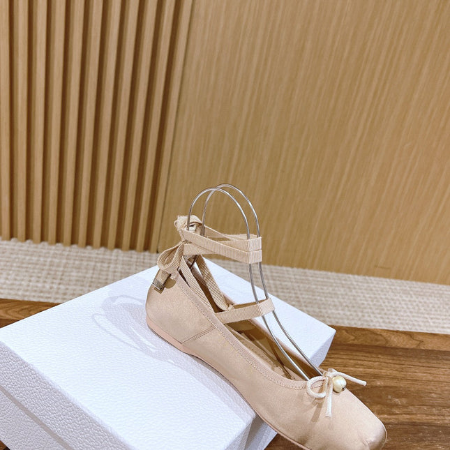 DIOR CLASSIC LACE-UP BALLET FLATS 25S IN NUDE SATIN PEARL DETAILING