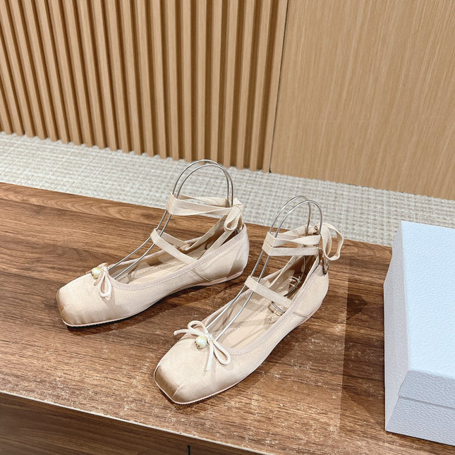 DIOR CLASSIC LACE-UP BALLET FLATS 25S IN NUDE SATIN PEARL DETAILING