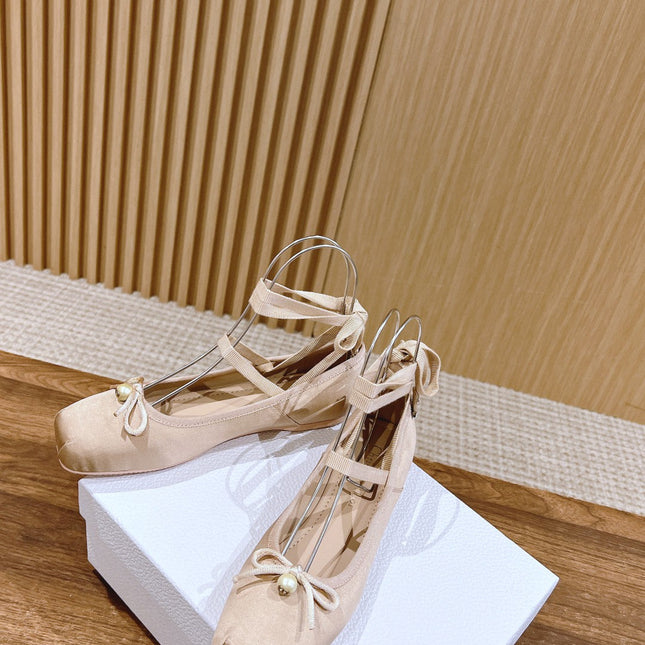 DIOR CLASSIC LACE-UP BALLET FLATS 25S IN NUDE SATIN PEARL DETAILING
