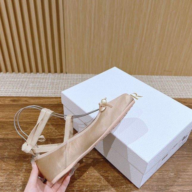 DIOR CLASSIC LACE-UP BALLET FLATS 25S IN NUDE SATIN PEARL DETAILING