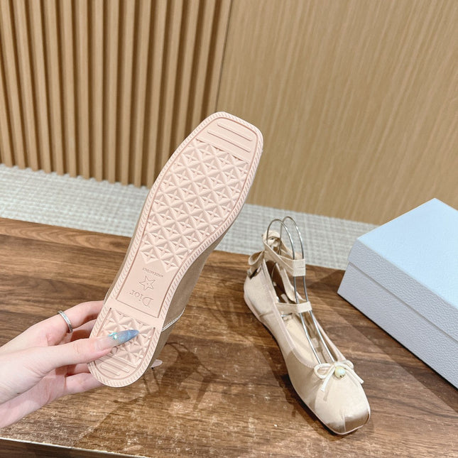 DIOR CLASSIC LACE-UP BALLET FLATS 25S IN NUDE SATIN PEARL DETAILING