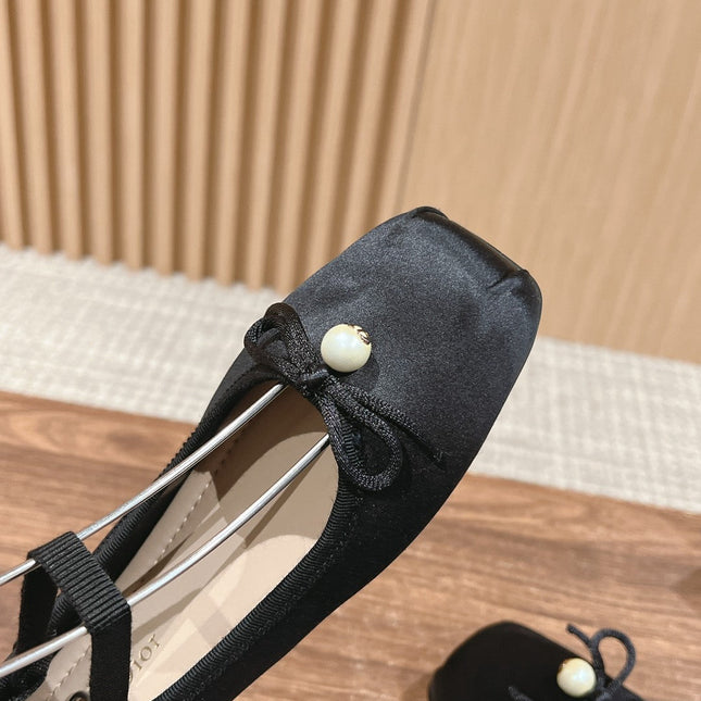 DIOR CLASSIC LACE-UP BALLET FLATS 25S IN BLACK SATIN PEARL DETAILING