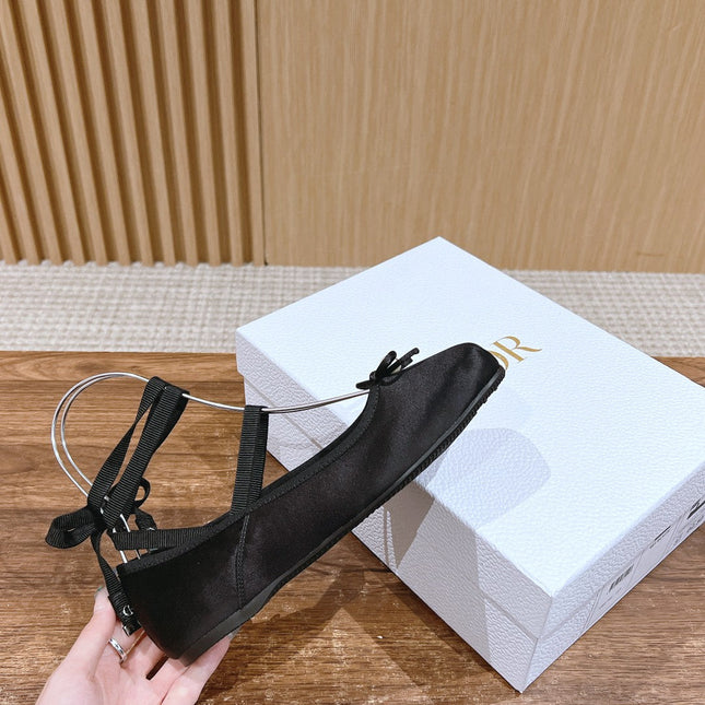 DIOR CLASSIC LACE-UP BALLET FLATS 25S IN BLACK SATIN PEARL DETAILING