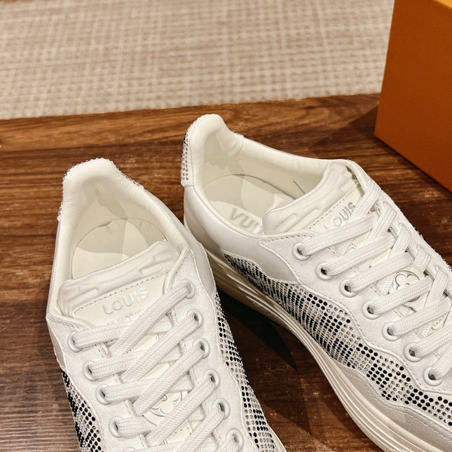 LV GROOVY SNEAKER IN WHITE DAMIER STRASS AND CALFSKIN