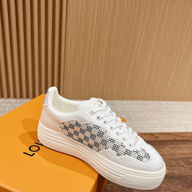 LV GROOVY SNEAKER IN WHITE DAMIER STRASS AND CALFSKIN
