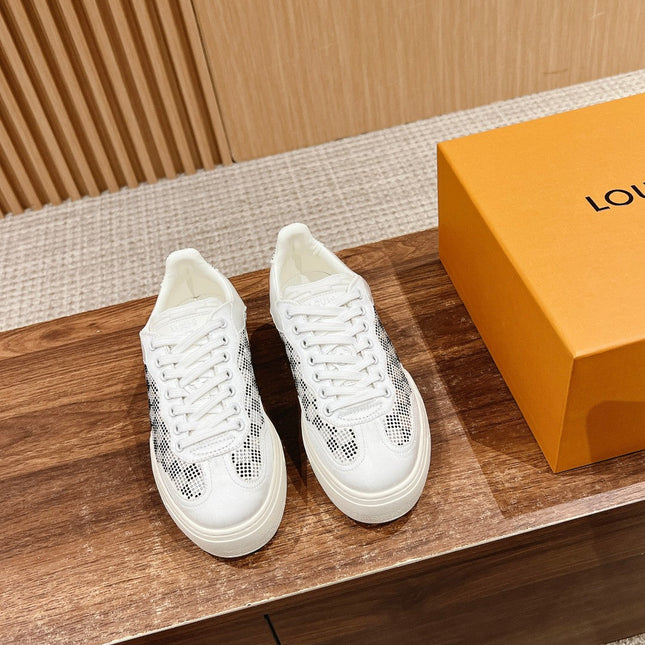 LV GROOVY SNEAKER IN WHITE DAMIER STRASS AND CALFSKIN