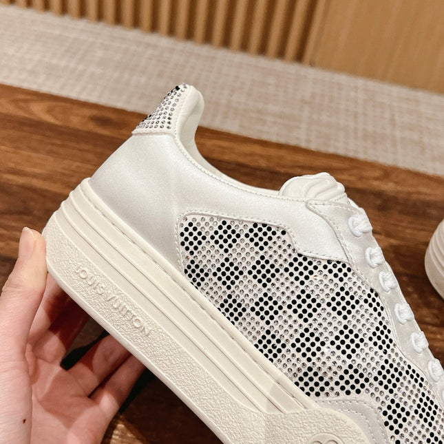 LV GROOVY SNEAKER IN WHITE DAMIER STRASS AND CALFSKIN