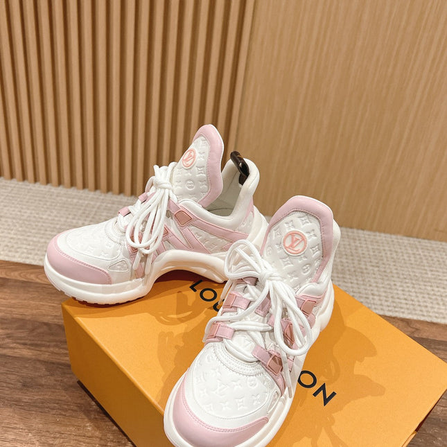 LV ARCHLIGHT SNEAKER IN WHITE MIX BABY PINK EMBOSSED CALFSKIN