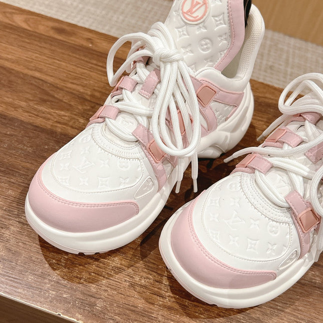 LV ARCHLIGHT SNEAKER IN WHITE MIX BABY PINK EMBOSSED CALFSKIN