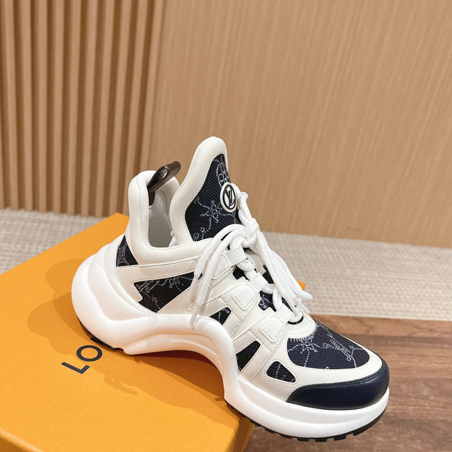 LV ARCHLIGHT SNEAKER IN WHITE MIX BLACK CALFSKIN AND MONOGRAM DENIM 101073