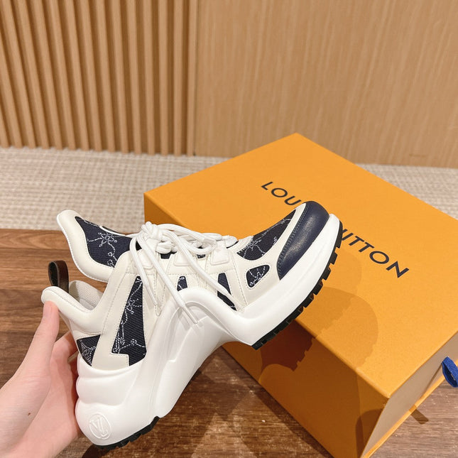 LV ARCHLIGHT SNEAKER IN WHITE MIX BLACK CALFSKIN AND MONOGRAM DENIM 101073