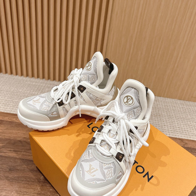 LV ARCHLIGHT SNEAKER IN WHITE MIX PALE GRAY CALFSKIN AND MONOGRAM DENIM