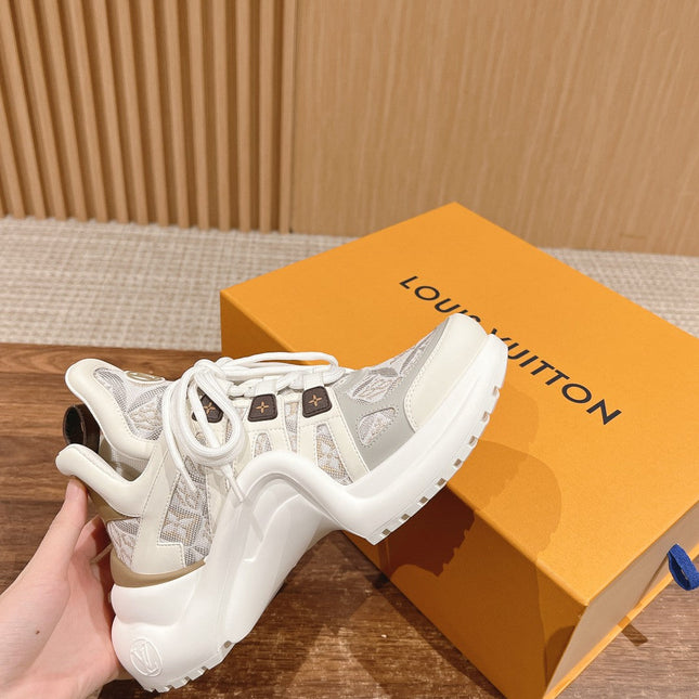 LV ARCHLIGHT SNEAKER IN WHITE MIX PALE GRAY CALFSKIN AND MONOGRAM DENIM
