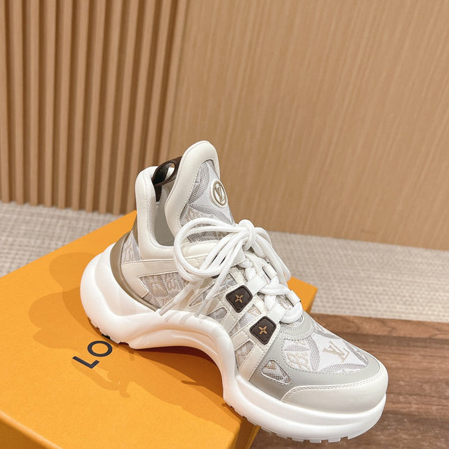 LV ARCHLIGHT SNEAKER IN WHITE MIX PALE GRAY CALFSKIN AND MONOGRAM DENIM