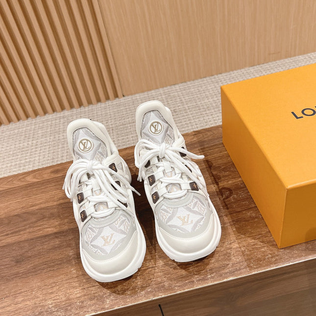 LV ARCHLIGHT SNEAKER IN WHITE MIX PALE GRAY CALFSKIN AND MONOGRAM DENIM