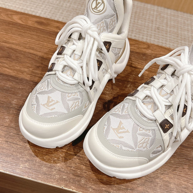 LV ARCHLIGHT SNEAKER IN WHITE MIX PALE GRAY CALFSKIN AND MONOGRAM DENIM