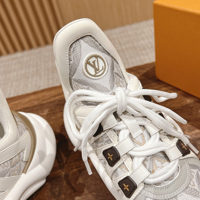 LV ARCHLIGHT SNEAKER IN WHITE MIX PALE GRAY CALFSKIN AND MONOGRAM DENIM